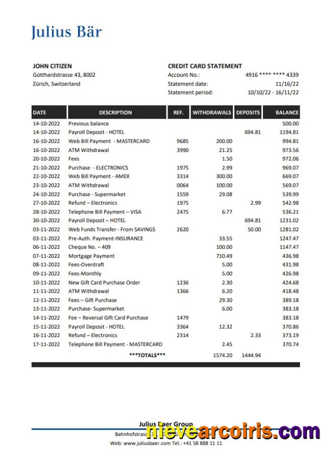 Switzerland Julius Bar bank statement xls